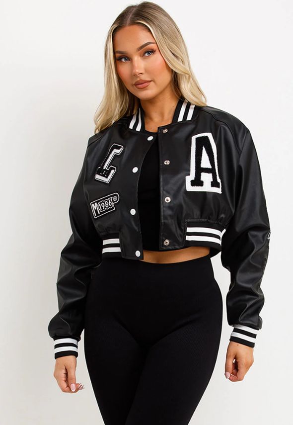 Black Varsity Bomber Faux Leather Jacket With Letter Detail