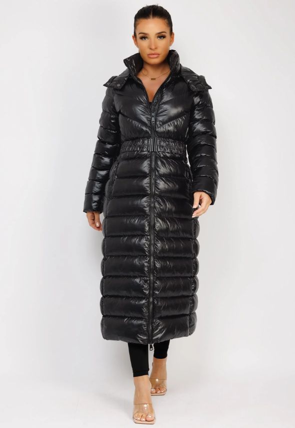 Black Long Padded Puffer Trench Coat Jacket With Hood & Belt