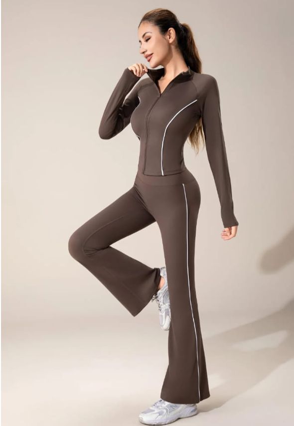 Contrast Lining Zipper Top and Flare Hem Trouser Set Brown