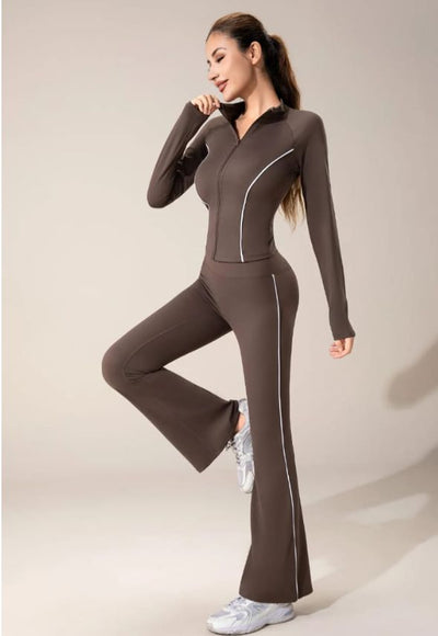 Contrast Lining Zipper Top and Flare Hem Trouser Set Brown