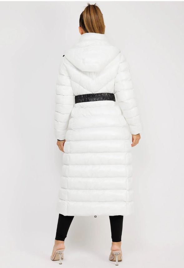 White Long Padded Puffer Trench Coat Jacket With Hood & Belt