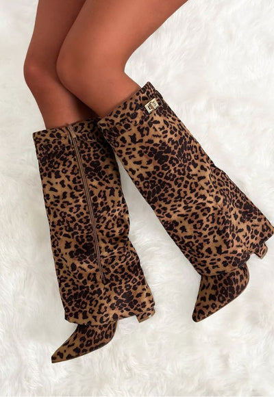 Leopard Fold Over Knee High Shark Boots