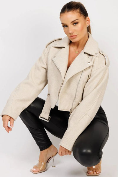 Beige Vegan Faux Wool Brushed Biker Jacket