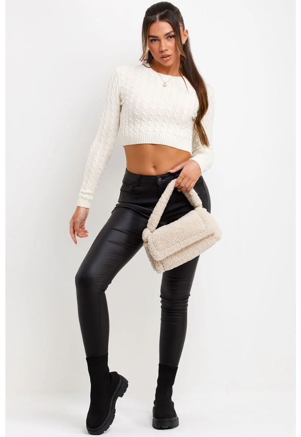 Long Sleeve Crop Jumper Cable Knit White