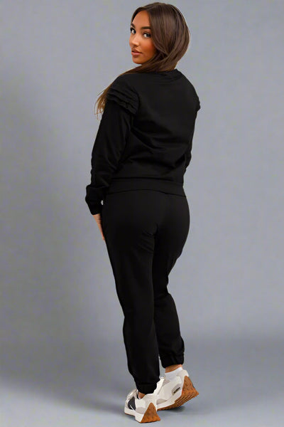 Gold Button Frill Shoulder Loungewear Set With CoCo Diamante Black