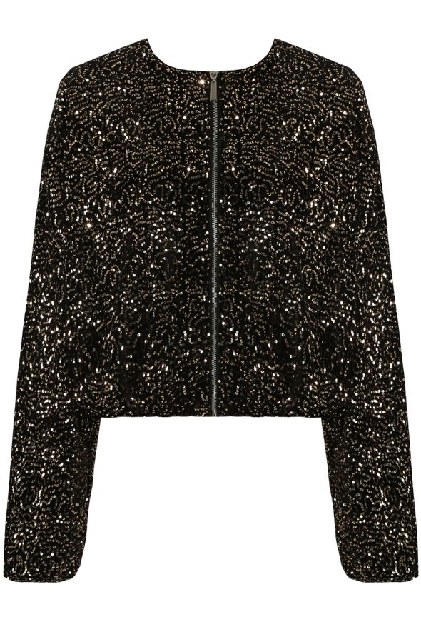 Collarless Sequin Bomber Jacket Black