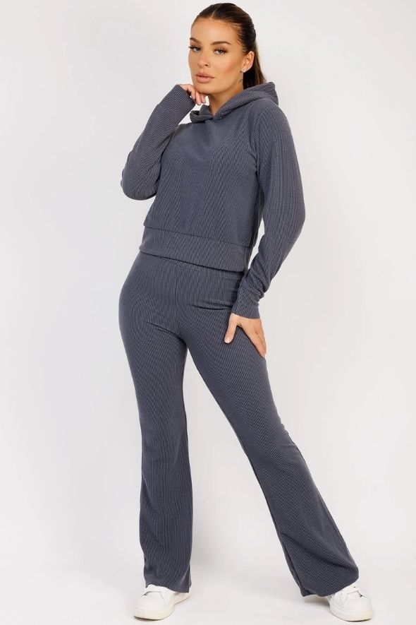 Airforce Blue Ribbed Hoody & Skinny Flare Trousers Loungewear Set