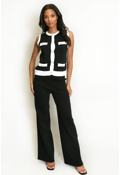 Ribbed Contrast Trim Waistcoat and Wide Trousers Set Black