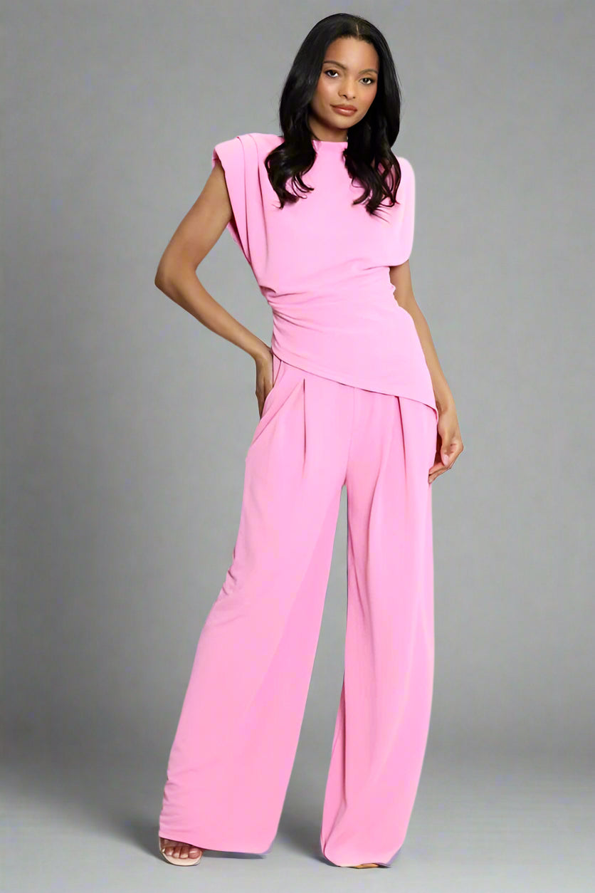Asymmetric Hem Top And Wide Leg Trouser Co-Ord Pink