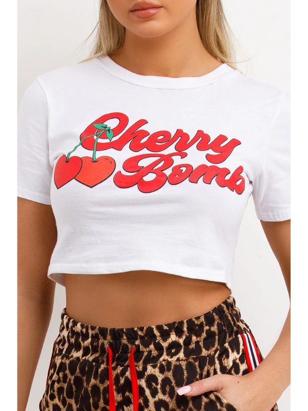 White Baby Tee Cherry Bomb Short Sleeve Crop T Shirt