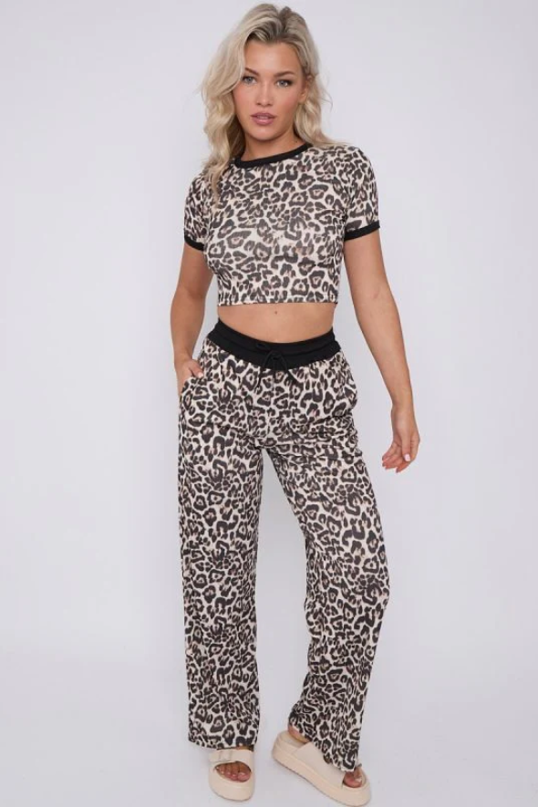 Leopard Print Ribbed Crop Top & Wide Leg Trouser Co-ord