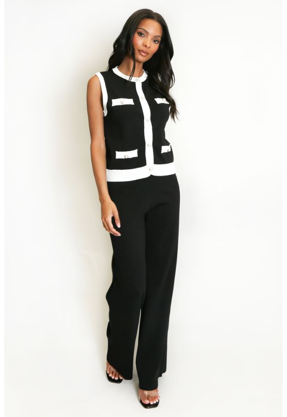 Ribbed Contrast Trim Waistcoat and Wide Trousers Set Black