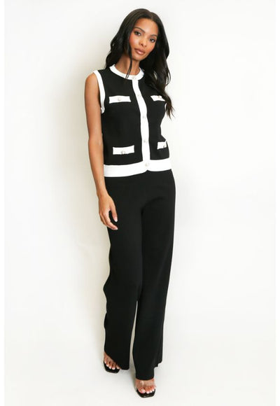 Ribbed Contrast Trim Waistcoat and Wide Trousers Set Black