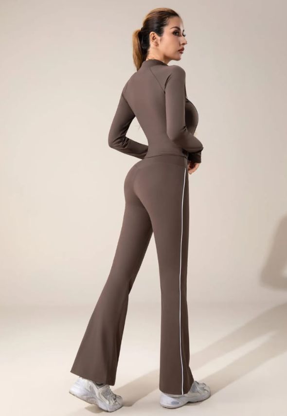 Contrast Lining Zipper Top and Flare Hem Trouser Set Brown