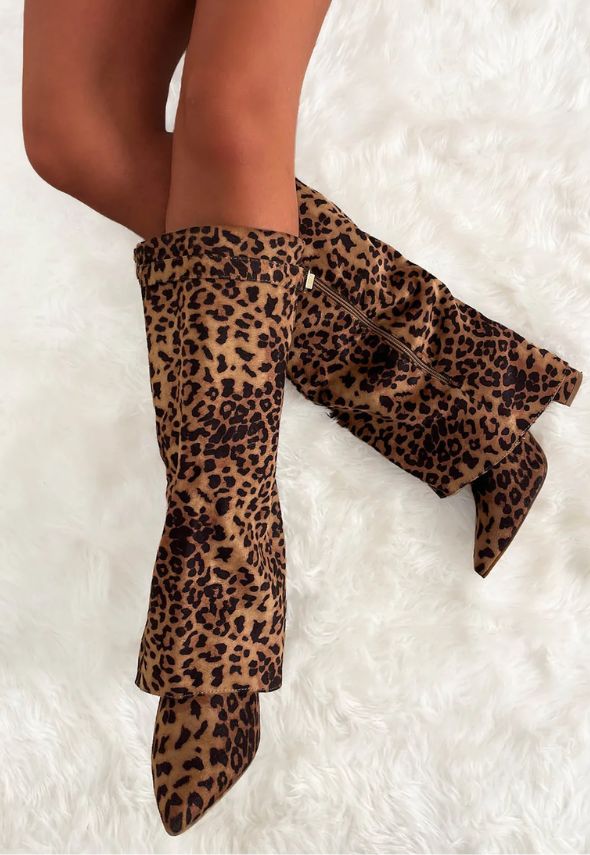 Leopard Fold Over Knee High Shark Boots