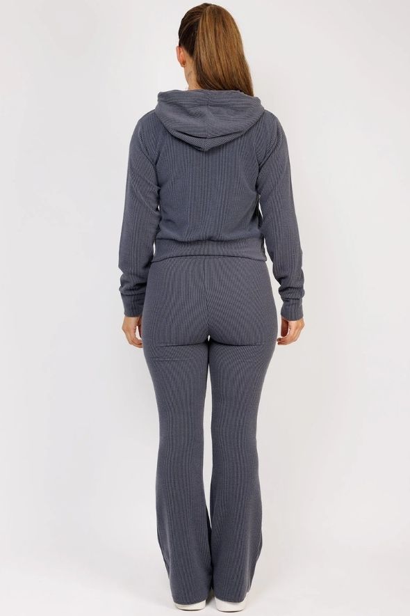 Airforce Blue Ribbed Hoody & Skinny Flare Trousers Loungewear Set