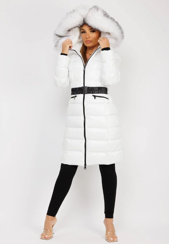 White Long Padded Puffer Trench Coat Jacket With Faux Fur Hood & Belt