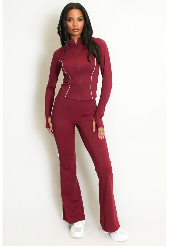 Contrast Lining Zipper Top and Flare Hem Trouser Set Wine