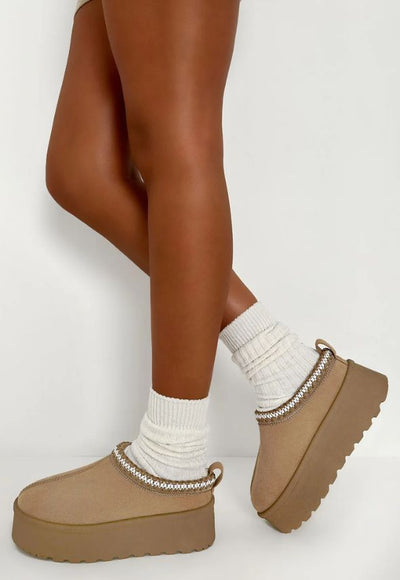 Luxury Sand Aztec Detail Faux Fur Lining Platform Mule