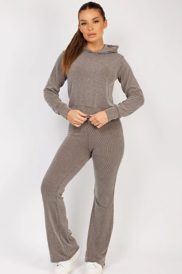 Taupe Ribbed Hoody & Skinny Flare Trousers Loungewear Set