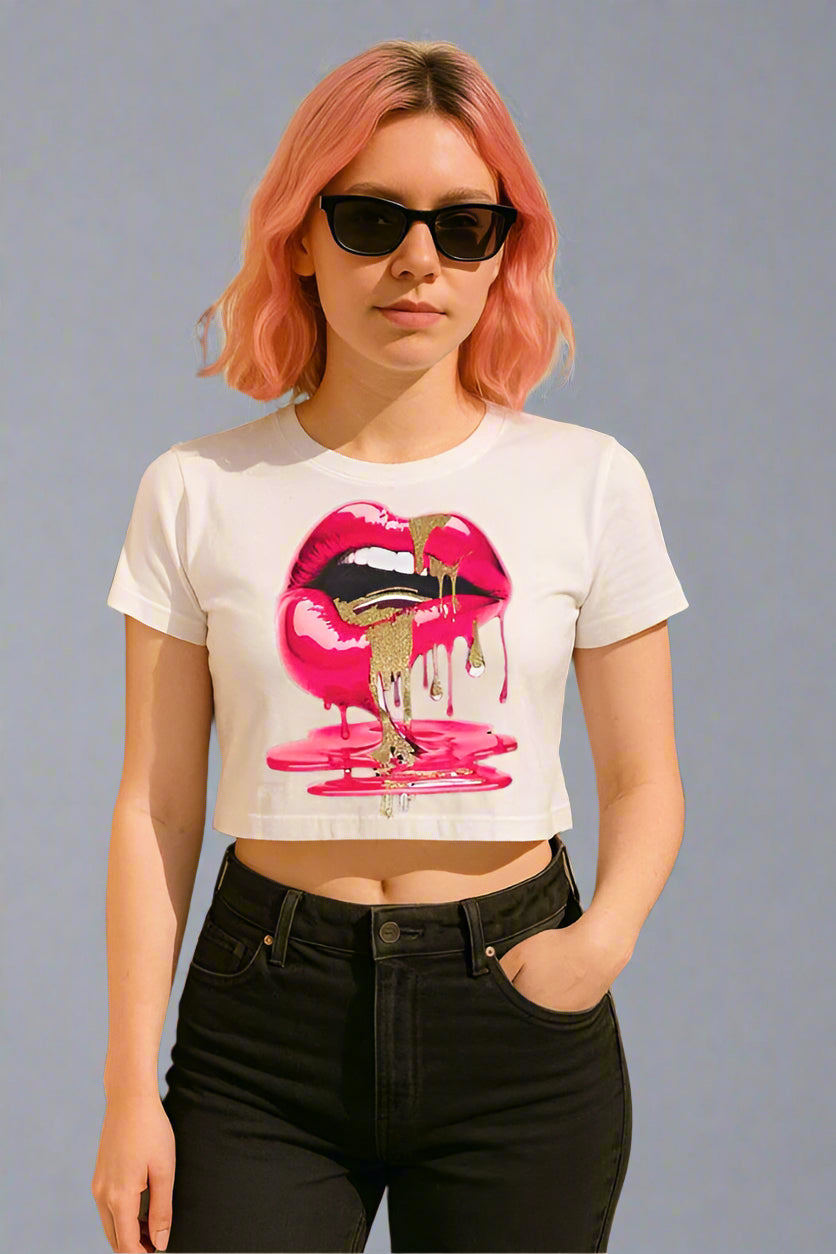 Lip Graphic Printed Crop Top White