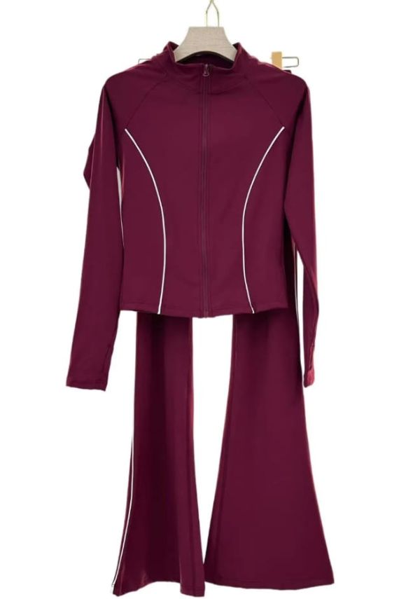 Contrast Lining Zipper Top and Flare Hem Trouser Set Wine