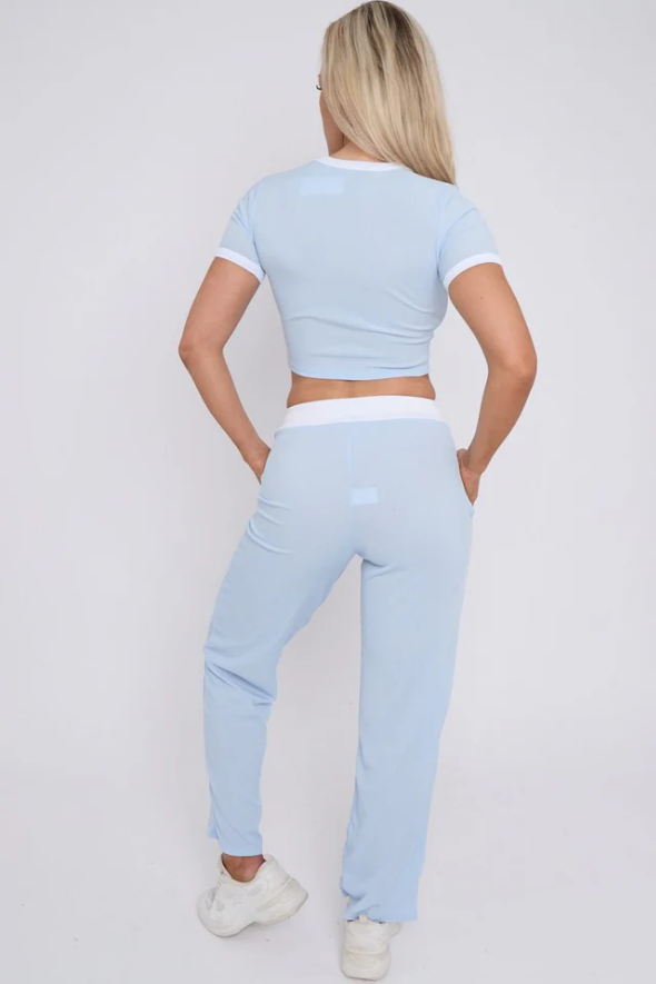 Sky Blue Ribbed Crop Top & Wide Leg Trouser Co-ord - Magnolia