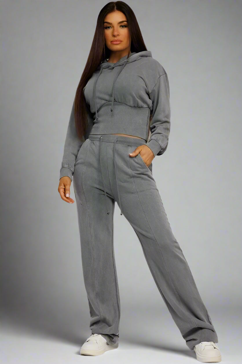 Grey Acid Wash Ribbed High Hem Hoodie & Lined Straight Joggers