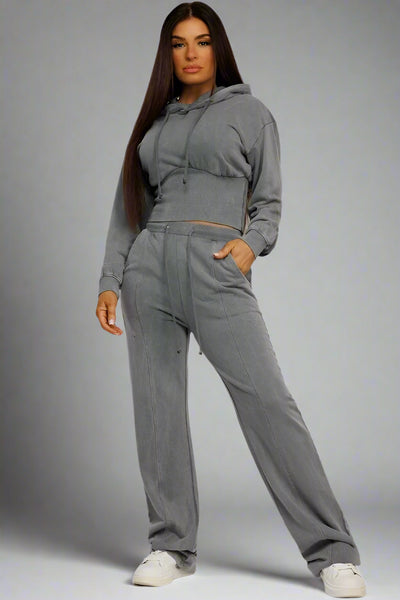Grey Acid Wash Ribbed High Hem Hoodie & Lined Straight Joggers