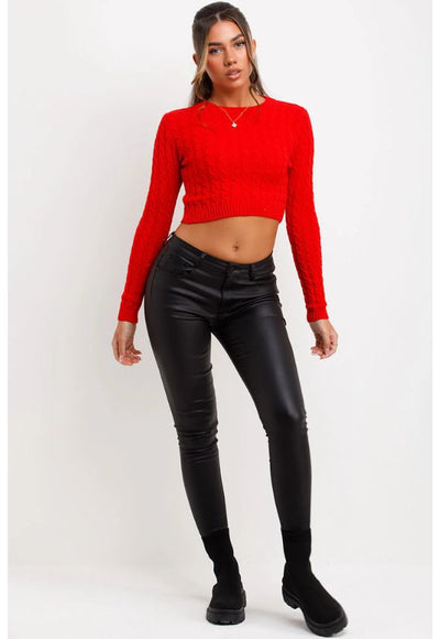 Long Sleeve Crop Jumper Cable Knit Red