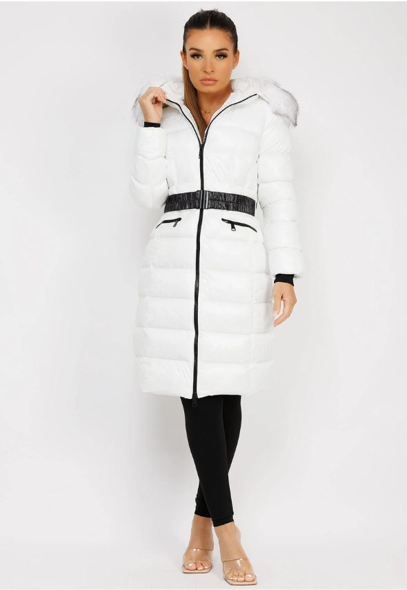 White Long Padded Puffer Trench Coat Jacket With Faux Fur Hood & Belt