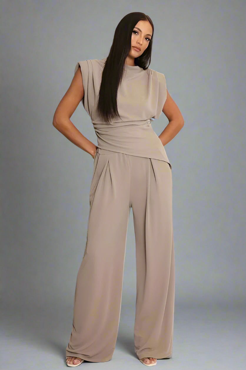 Asymmetric Hem Top And Wide Leg Trouser Co-Ord Taupe