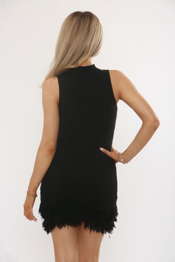 Elegant High Neck Knitted Frill Hem Dress Black