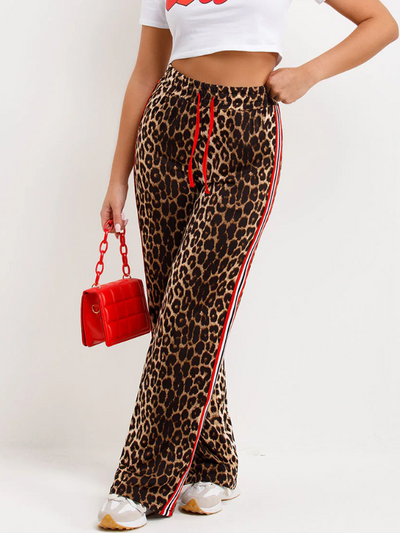 Leopard Print Joggers With Red Side Strips