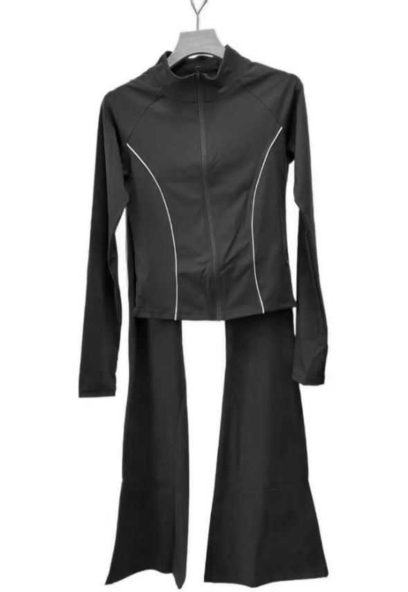 Contrast Lining Zipper Top and Flare Hem Trouser Set Black