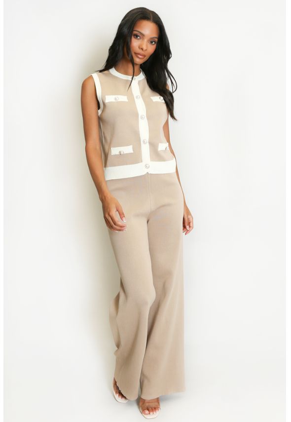 Ribbed Contrast Trim Waistcoat and Wide Trousers Set Beige