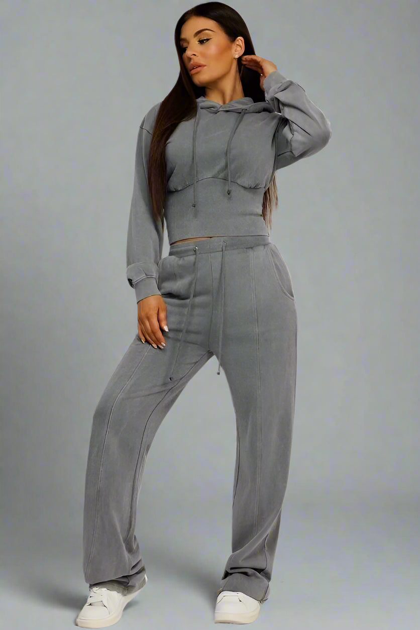 Grey Acid Wash Ribbed High Hem Hoodie & Lined Straight Joggers