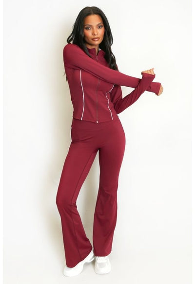 Contrast Lining Zipper Top and Flare Hem Trouser Set Wine