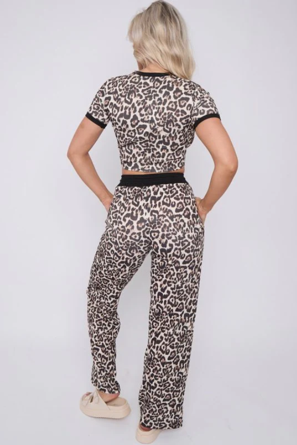 Leopard Print Ribbed Crop Top & Wide Leg Trouser Co-ord