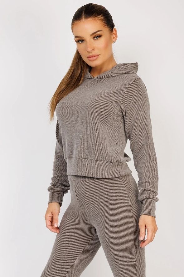 Taupe Ribbed Hoody & Skinny Flare Trousers Loungewear Set