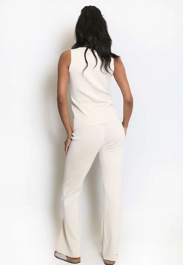 Knit Waistcoat & Flare Trousers Set Stone