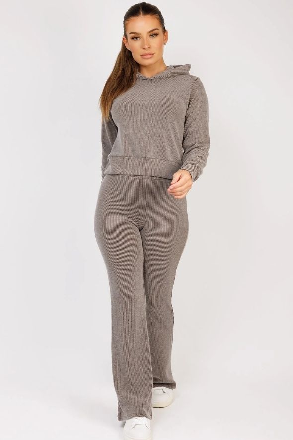 Taupe Ribbed Hoody & Skinny Flare Trousers Loungewear Set