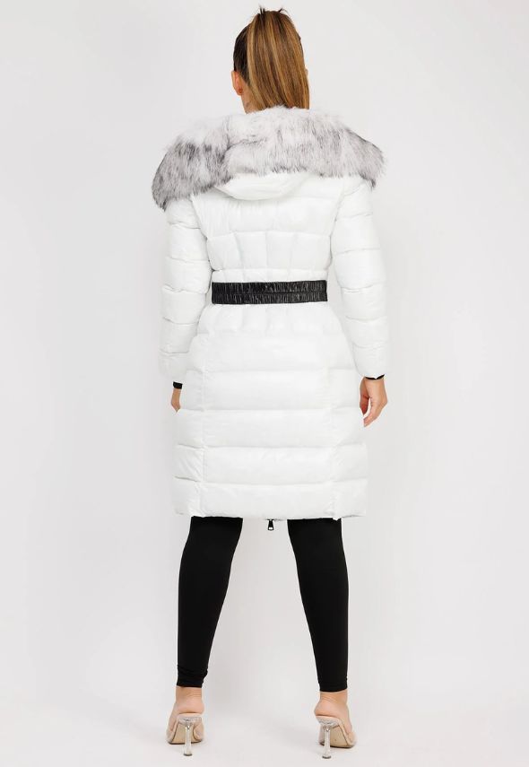 White Long Padded Puffer Trench Coat Jacket With Faux Fur Hood & Belt