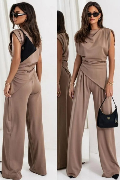 Asymmetric Hem Top And Wide Leg Trouser Co-Ord Taupe