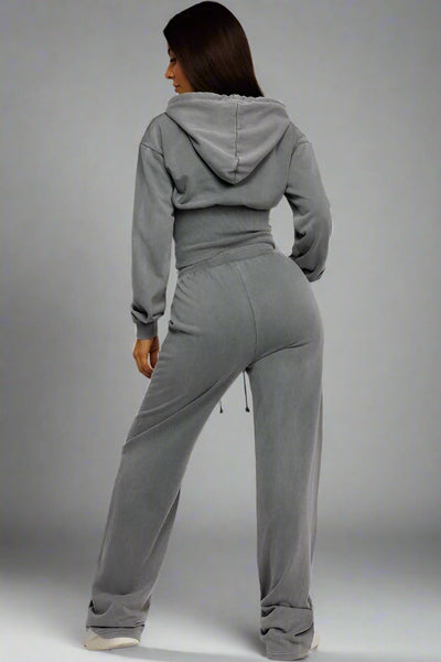 Grey Acid Wash Ribbed High Hem Hoodie & Lined Straight Joggers