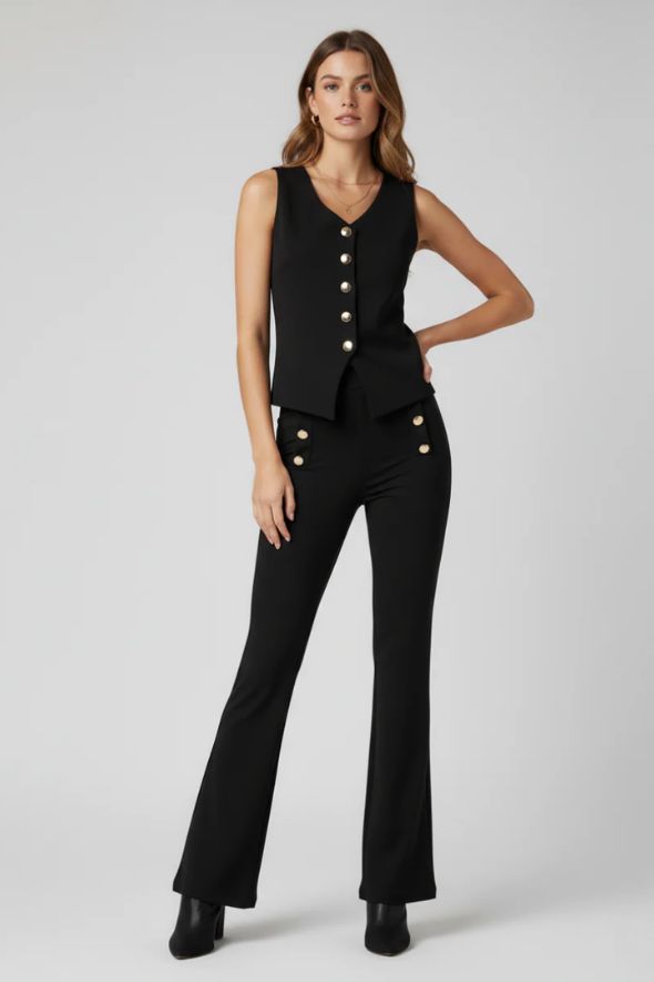 Button Waistcoat Top & Wide Leg Trouser Set Black