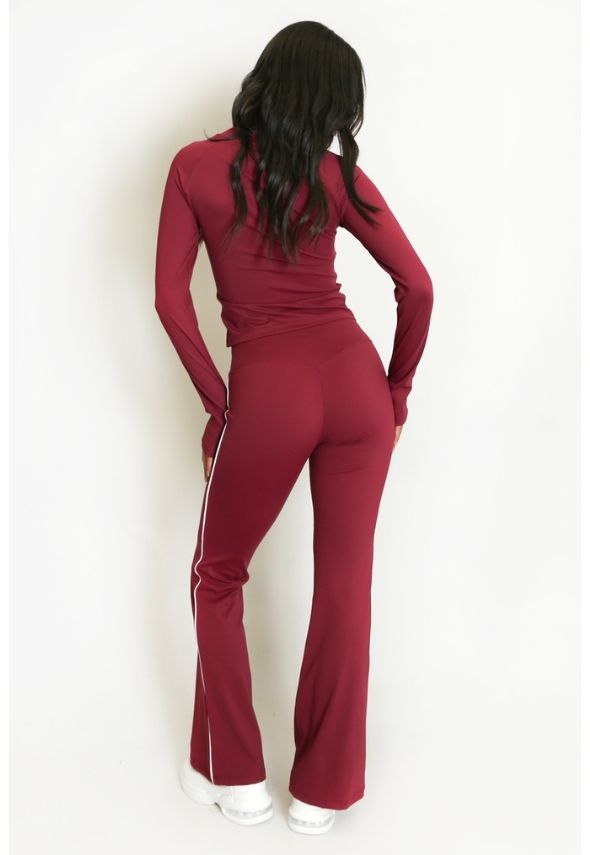 Contrast Lining Zipper Top and Flare Hem Trouser Set Wine