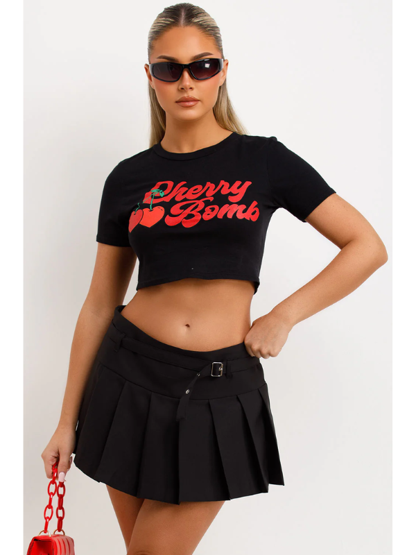 Black Baby Tee Cherry Bomb Short Sleeve Crop T Shirt