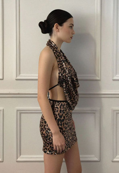 Starfish Leopard Print Sequin Halter-Neck Top & Mini Skirt Co-ord