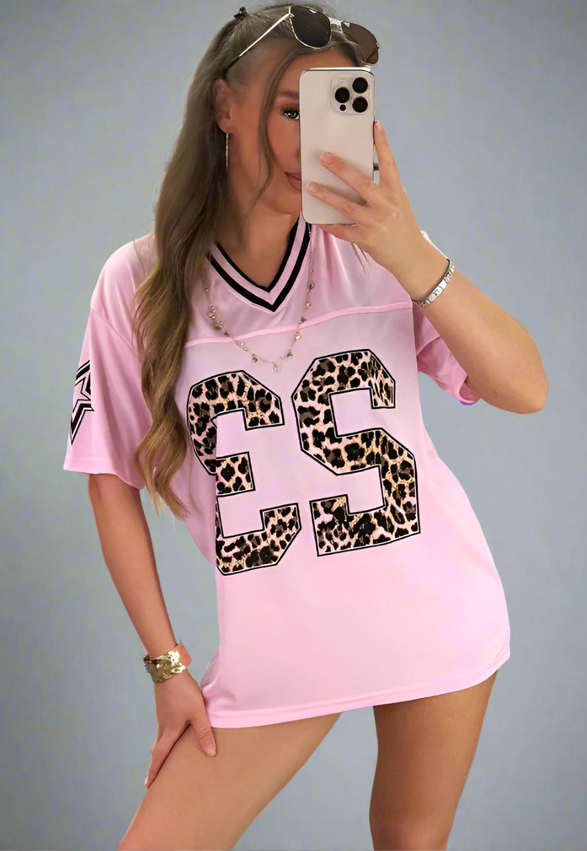 Pink Football V Neck Jersey Top With Leopard Print Slogan